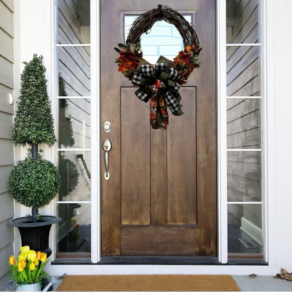 Handmade Rustic Autumn Grapevine Wreath -Fall Front Door Decor,Buffalo Plaid Bow